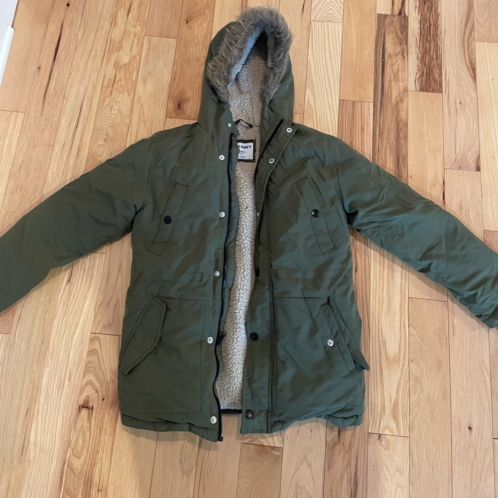 Kids Olive Green Puffer Jacket with Faux Fur Hood